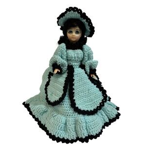 Scary Creepy Doll Sleepy Eyes Plastic 15" Crocheted Teal Dress Cape Cottage Core